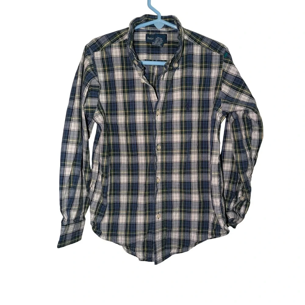 Ralph Lauren Boys Navy Green Plaid Button Down Shirt Size 6 Pony‎ Logo
